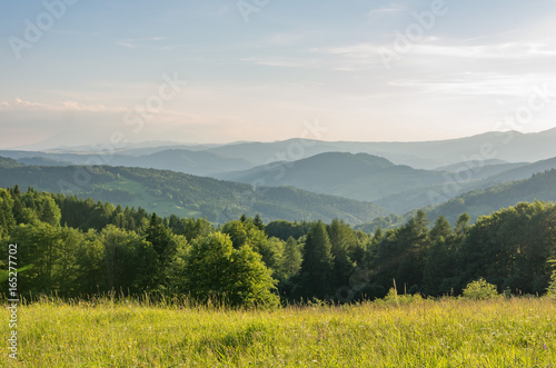 Beskidy mountains panorama, Poland landscape, green spring meadow,
