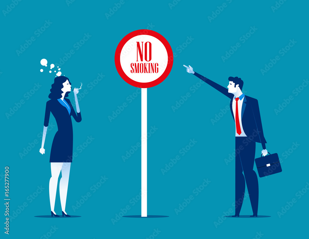 Bad woman office worker smoking near sign no smoke. Concept business vector illustration. Bad woman office worker smoking near sign no smoke. Concept business vector illustration.