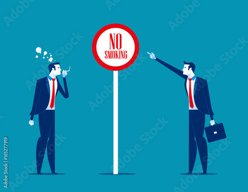 Bad people office worker smoking near sign no smoke. Concept business vector illustration.