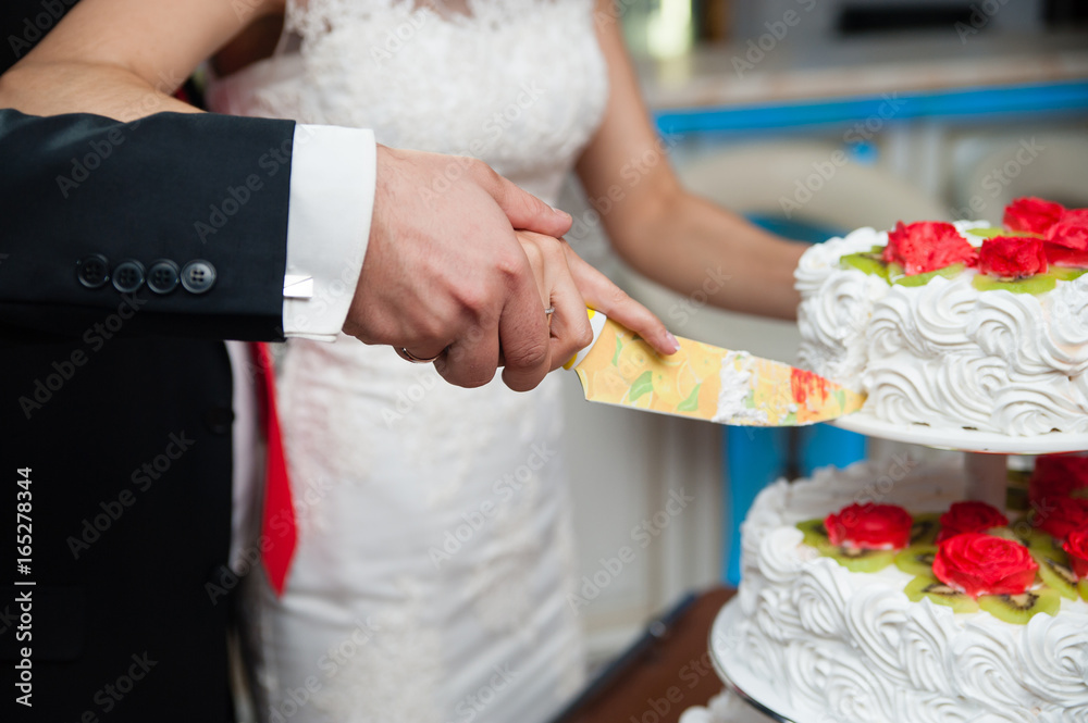 The newlyweds cut the cake at the wedding. The newlyweds cut the cake at the wedding.