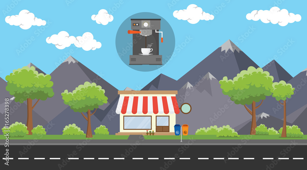 coffee machine store business on beside street with mountain view as background