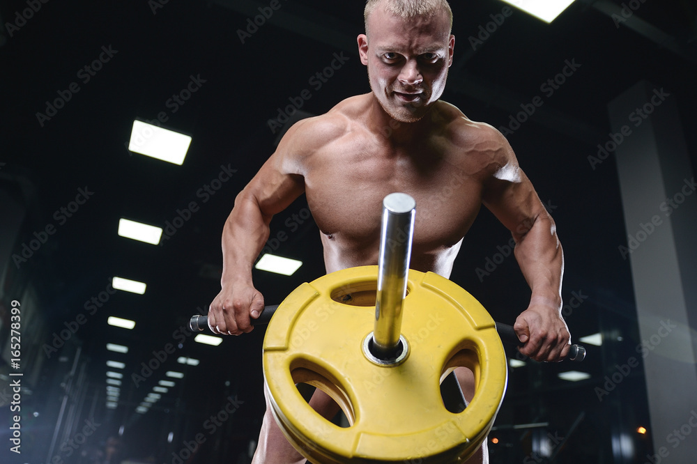 Fototapeta premium Caucasian handsome fitness model training in the gym. Man on diet flexing muscles