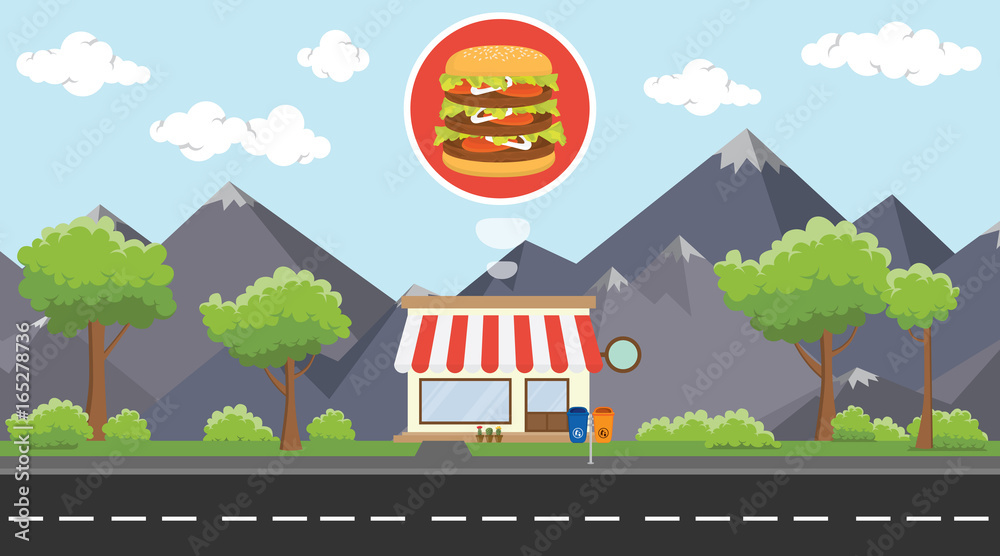 hamburger store business on beside street with mountain view as background