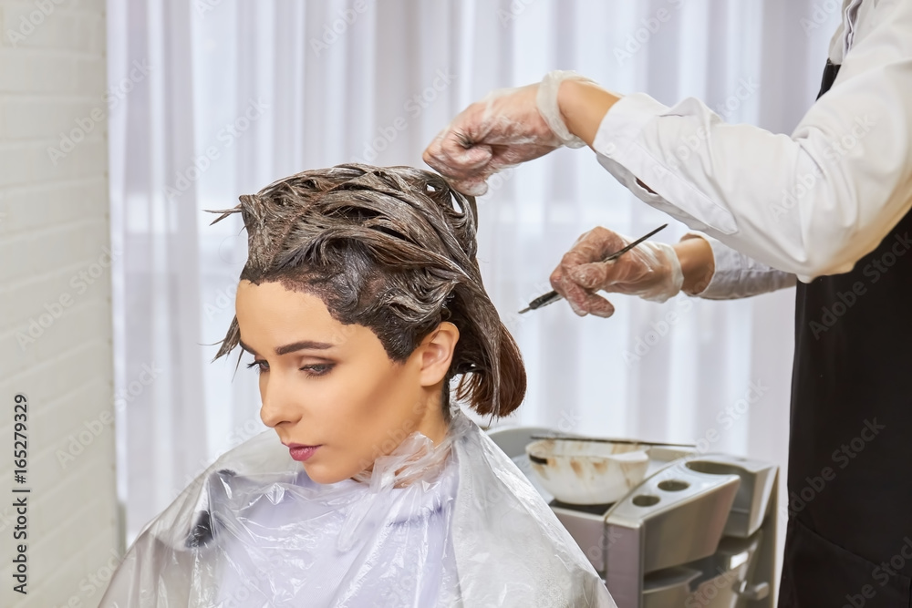 Beautician and client, hair dyeing. Young woman in hair salon. Beautician and client, hair dyeing. Young woman in hair salon.