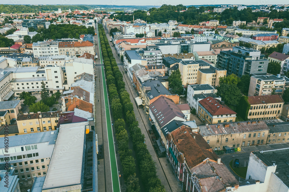 Kaunas city center and Freedom Avenue (Laisves aleja), summer time, drone aerial view