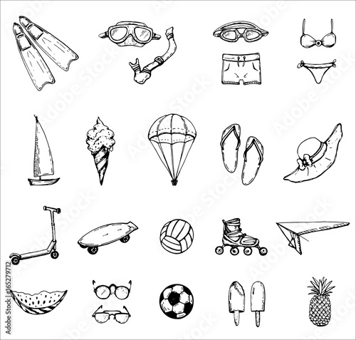 hand drawn vector set of icon on summer theme: beach, sea, bicycle, swimsuit, diving, serfing