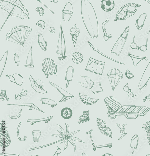 hand drawn vector seamless pattern with summer theme: beach, sea, bicycle, swimsuit, diving, serfing
