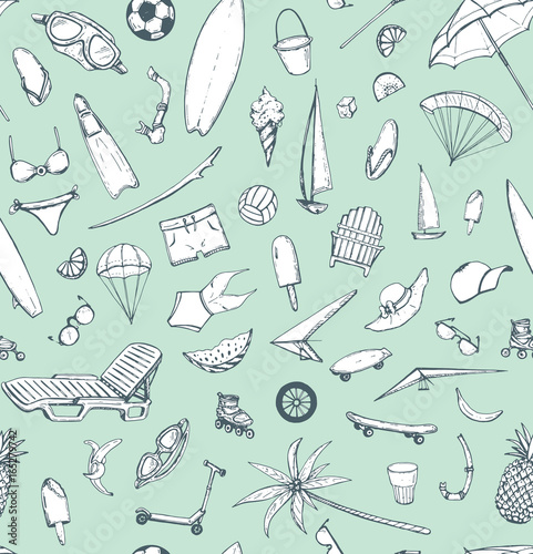 hand drawn vector seamless pattern with summer theme: beach, sea, bicycle, swimsuit, diving, serfing