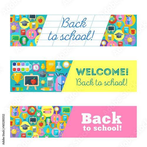 Welcome back to school! A set of school supplies. Round icons.