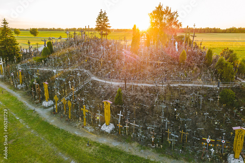 Bilde på lerret Drone aerial view of Hill of Crosses (KRYZIU KALNAS)