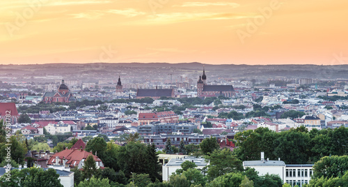 Krakow panorama from Krakus Mound, Poland landscape during sunset. photo