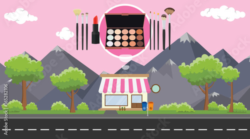 makeup store on sidewalk with tree and mountain as background