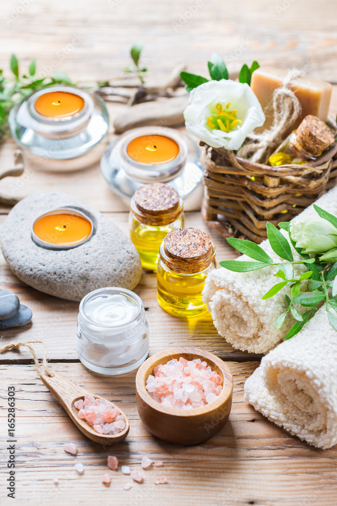 Spa wellness setting concept, background with essential oil soap cream Spa wellness setting concept, background with essential oil soap cream