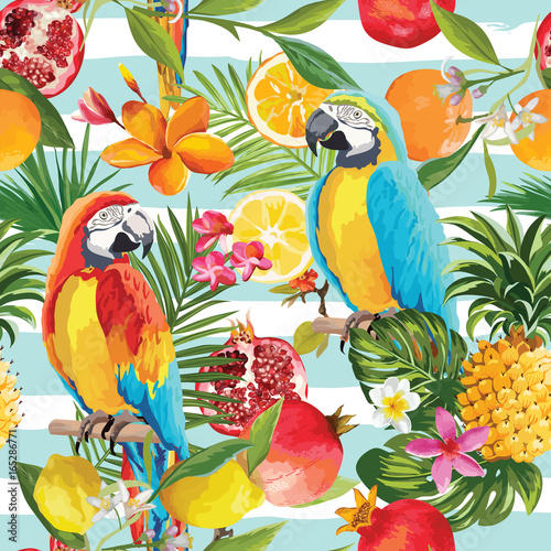 Seamless Tropical Fruits and Parrot Pattern in Vector. Pomegranate, Lemon, Orange Flowers, Leaves and Fruits Background.