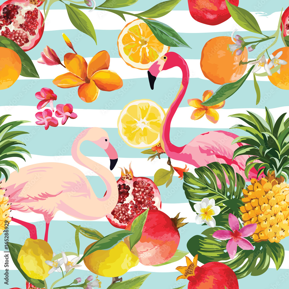 Obraz premium Seamless Tropical Fruits and Flamingo Pattern in Vector. Pomegranate, Lemon, Orange Flowers, Leaves and Fruits Background.