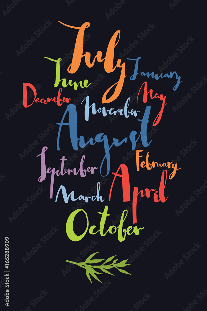 Handwritten calligraphy Months of year Black background Colorful set Handwritten calligraphy Months of year Black background Colorful set