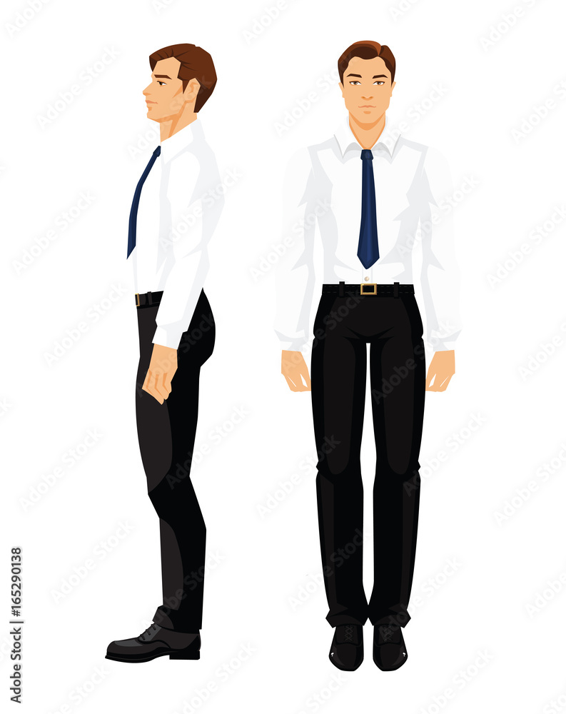Vector illustration of business man in formal white shirt and black pants isolated on white background. Various turns man's figure. Front view and side view.