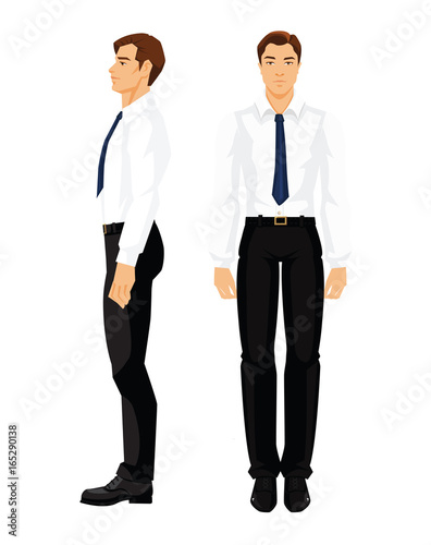 Vector illustration of business man in formal white shirt and black pants isolated on white background. Various turns man's figure. Front view and side view.