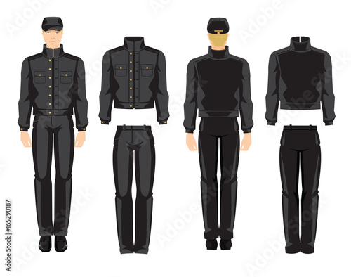 Vector illustration of worker man in uniform isolated on white background. Various turns man's figure. Front view and side view.