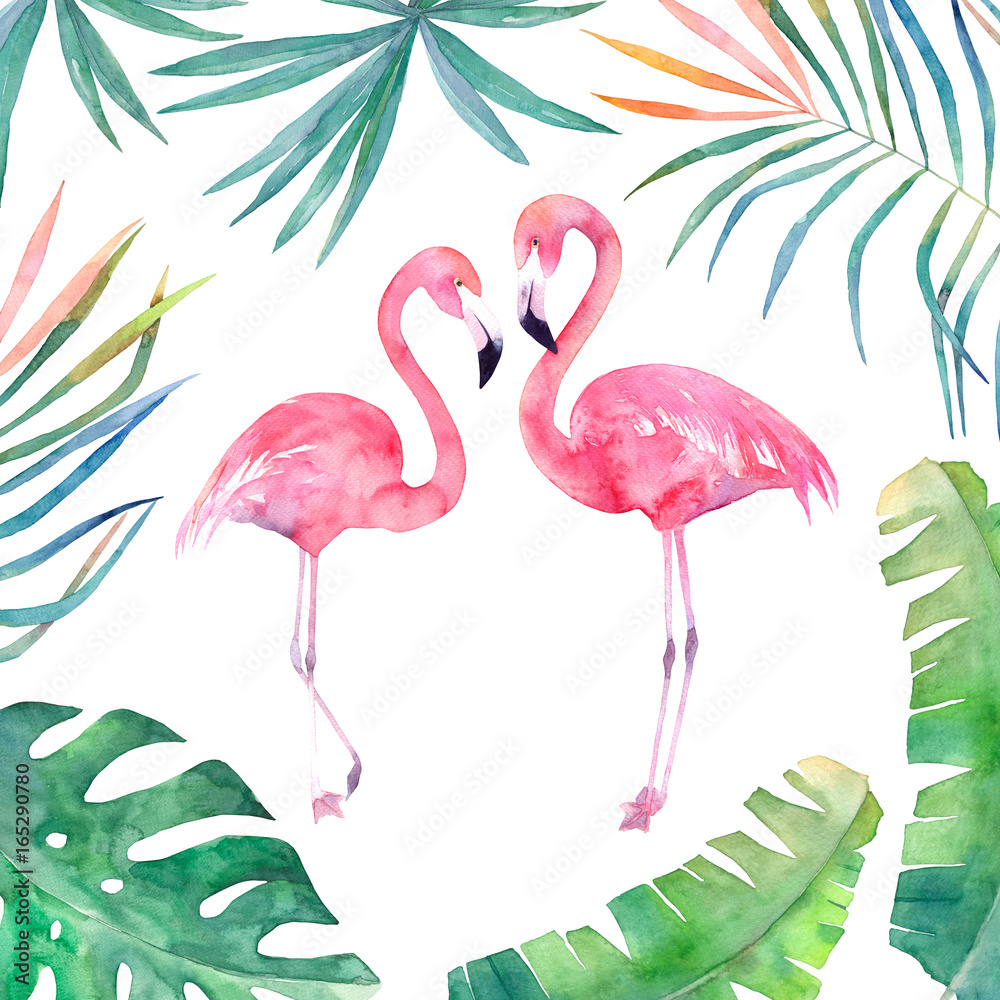 Fototapeta premium Watercolor card with leaves frame and two flamingos. Hand drawn illustration