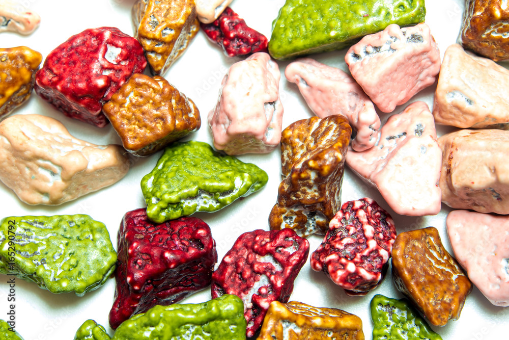 Sugar coated chocolate candy which has The shape imitate stone Sugar coated chocolate candy which has The shape imitate stone