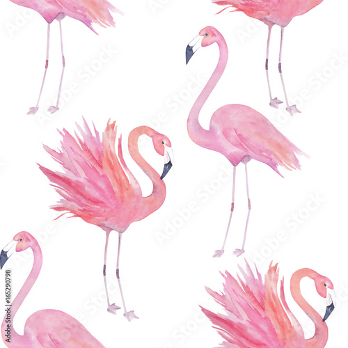 Watercolor seamless pattern with flamingo. Hand drawn illustration