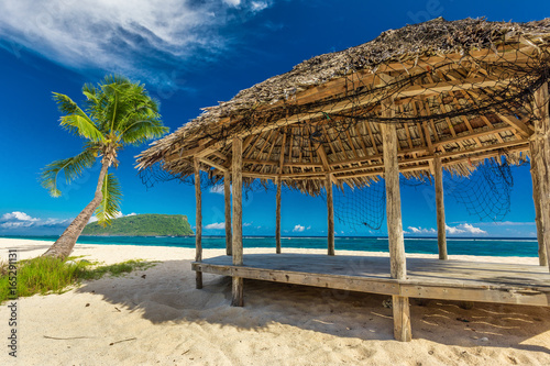 Tropical natural beach on Samoa Island with palm tree and fale