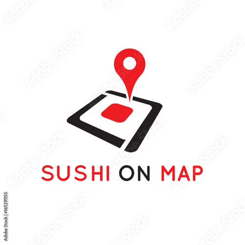 red map pin set on abstract sushi piece.isolated on white background.   