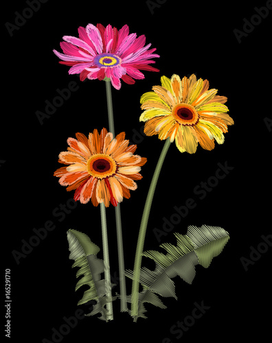 Bouquet of Gerbera daisy, embroidery (imitation satin stitches style), pink, orange flowers on black background, digital draw, decorative illustration, traditional folk ornament for fashion, vector