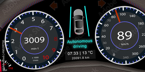 ps_14 ProgrammingScreen - Armaturenbrett / Kombiinstrument mit der Anzeige - Autonomous Driving - english - self-driving car illustration - 2to1 - g5317