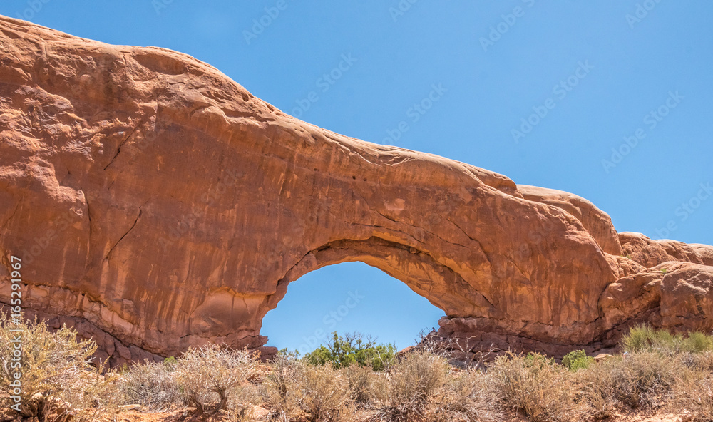 Tourist attraction of the USA. Arches National Park in the arid Moab Desert