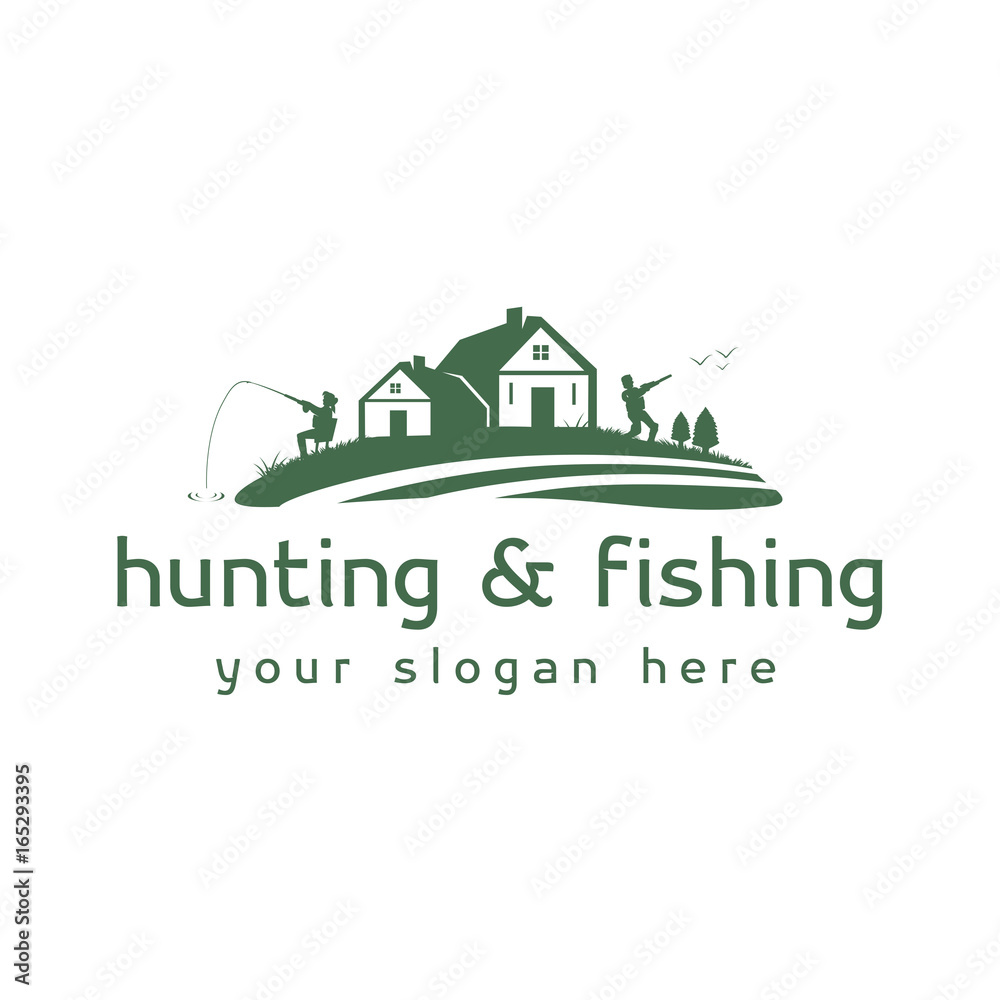 cottages on a meadow with two person one hunting and another fishing, logo design, isolated on white background.