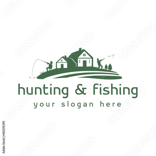cottages on a meadow with two person one hunting and another fishing, logo design, isolated on white background.