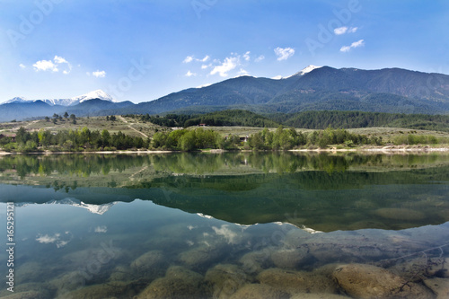 Amazing Panorama to lake, Pirin Mountain background in Bansko, Bulgaria