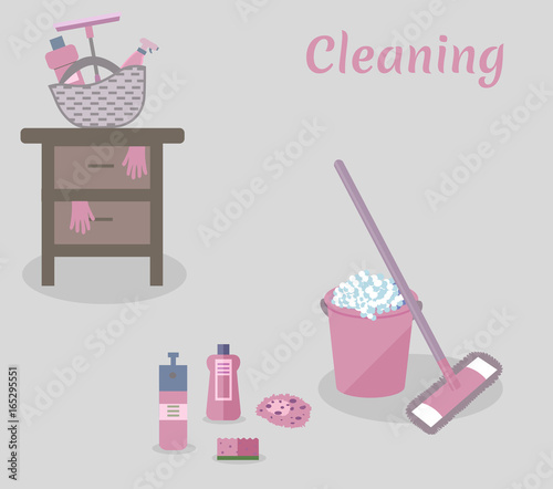 Tools for housekeeping: a pink bucket with soapy foam, MOP with handle and cloth, bottles of detergent with covers, sprays and a sponge, a squeegee, a table. Vector illustration. Cleaning 