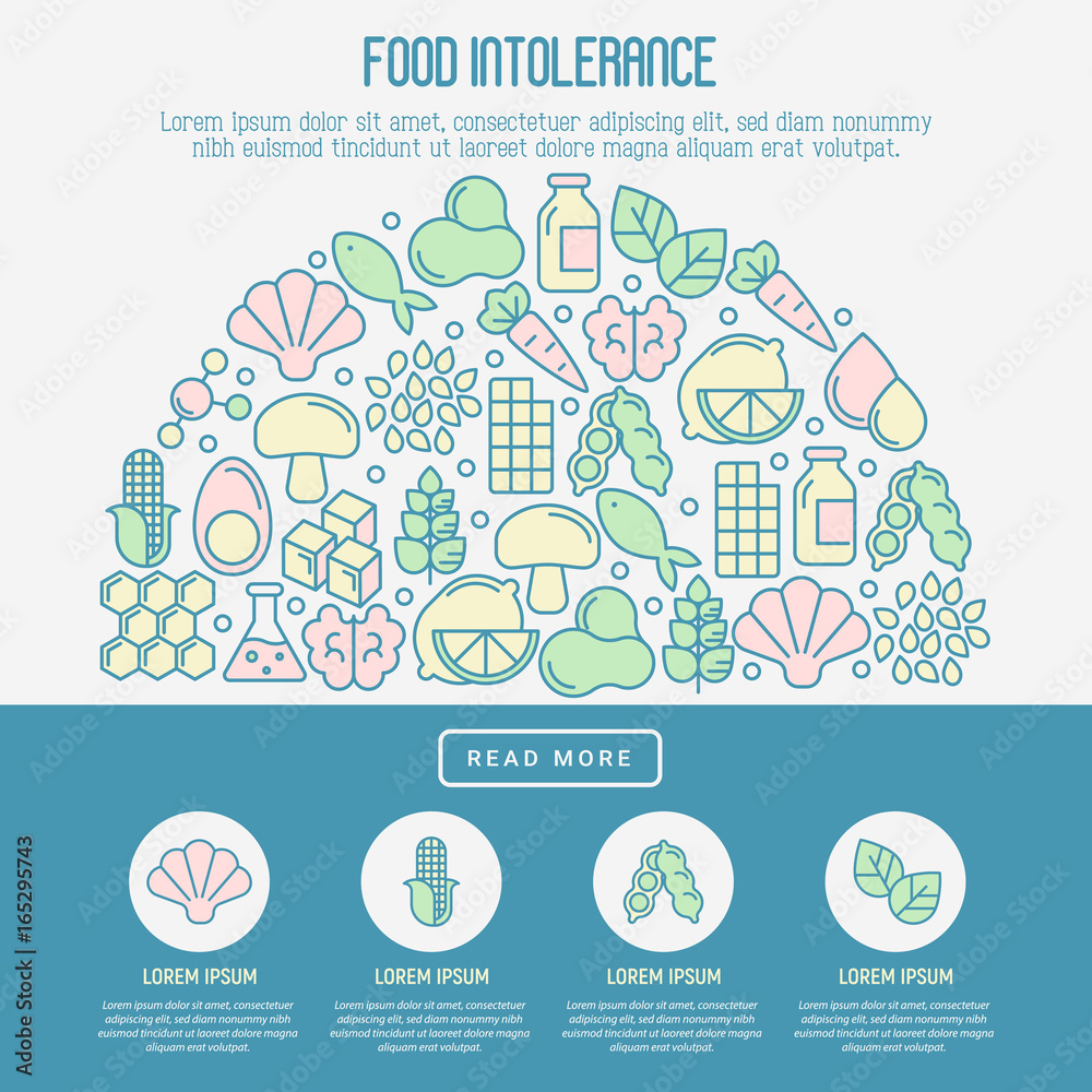 Food intolerance concept with thin line icons of common allergens (gluten, lactose, soy, corn and more), sugar and trans fat, vegetarian and organic symbols. Vector illustration. Food intolerance concept with thin line icons of common allergens (gluten, lactose, soy, corn and more), sugar and trans fat, vegetarian and organic symbols. Vector illustration.
