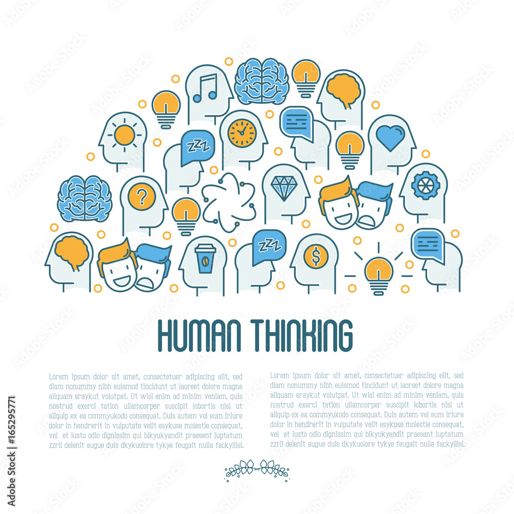 Human thinking concept with thin line icons of head silhouette. Vector illustration for survey about human brain, web page of psychologist, print media. Human thinking concept with thin line icons of head silhouette. Vector illustration for survey about human brain, web page of psychologist, print media.