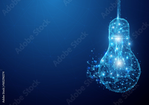 Low polygon light bulb wireframe mesh hanging on blue background