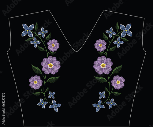 Fototapeta Naklejka Na Ścianę i Meble -  Embroidery stitches with primarose primula vulgaris and lilac flower.. Vector fashion ornament on black background for traditional floral decoration. Pattern for textile and fabrics.