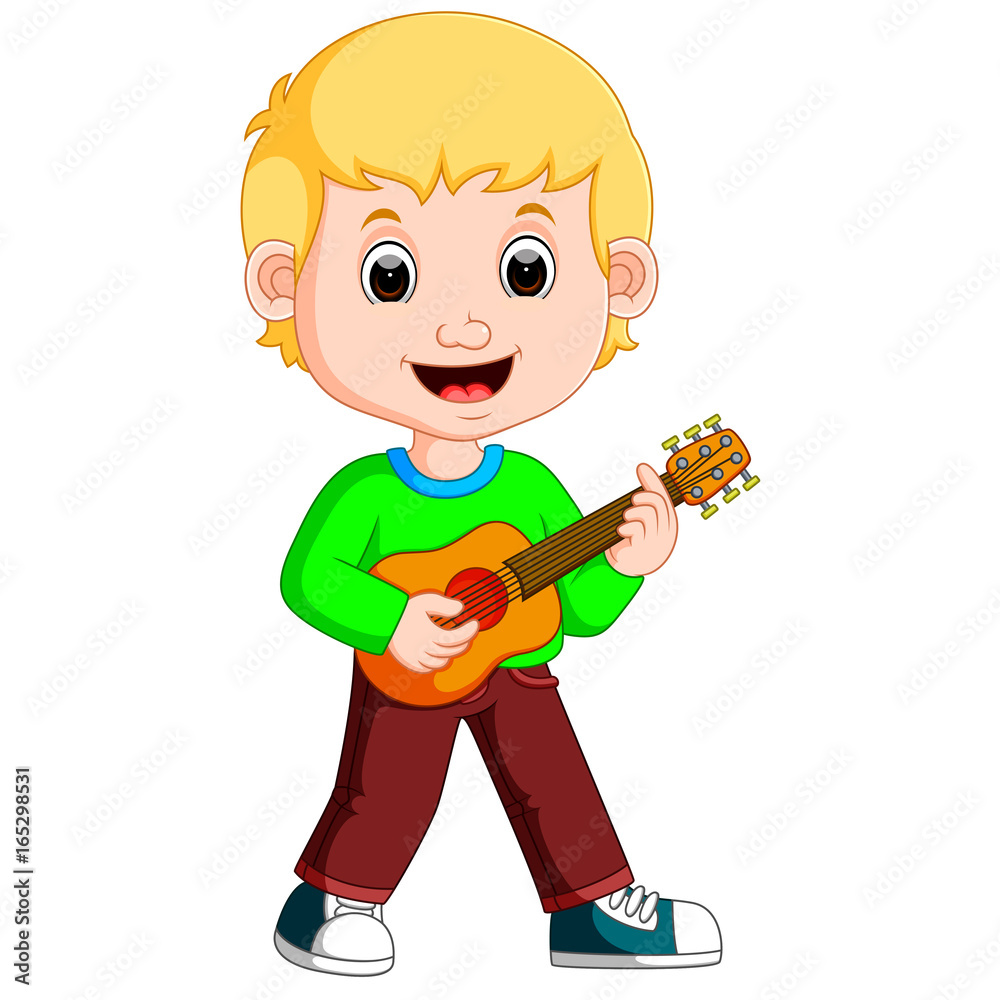Little boy cartoon playing guitar Stock Vector | Adobe Stock