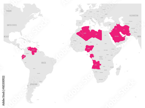 OPEC, Organization of the Petroleum Exporting Countries. World map with pink highlighted member states since 2017. Vector illustration.