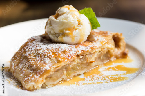 Crispy apple strudel with ice cream