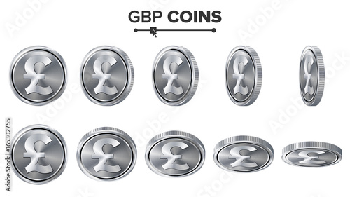 Money. GBP 3D Silver Coins Vector Set. Realistic Illustration. Flip Different Angles. Money Front Side. Investment Concept. Finance Coin Icons, Sign, Success Banking Cash Symbol. Currency Isolated