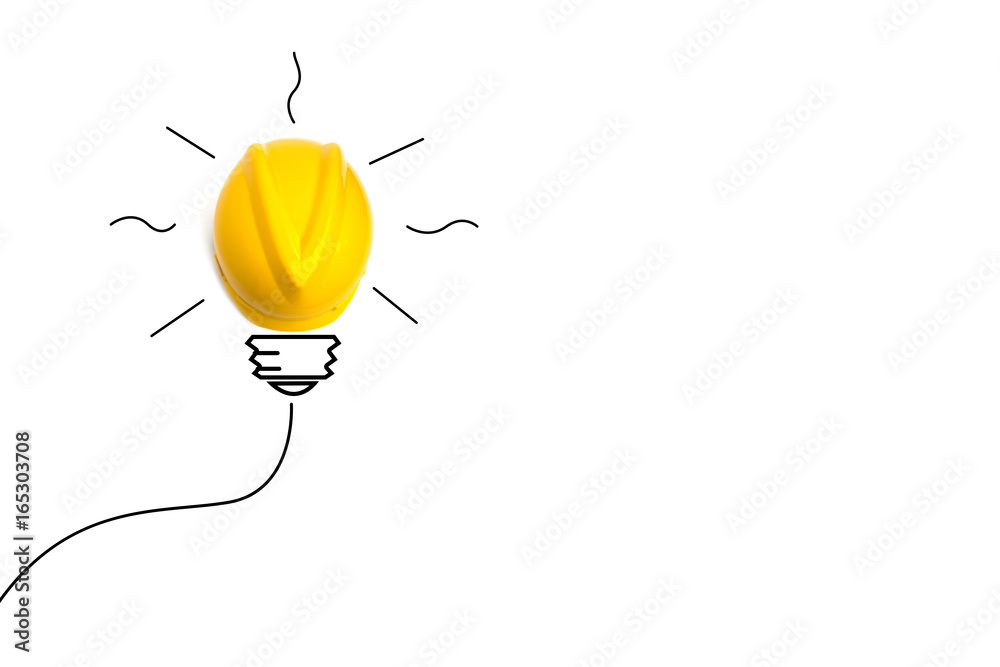 Concept idea with yellow helmet like a light bulb isolate on white background - obrazy, fototapety, plakaty 