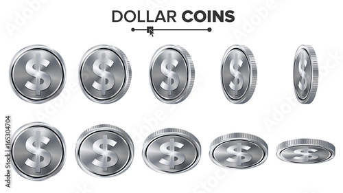 Money. Dollar 3D Silver Coins Vector Set. Realistic Illustration. Flip Different Angles. Money Front Side. Investment Concept. Finance Coin Icons, Sign, Success Banking Cash Symbol. Currency Isolated
