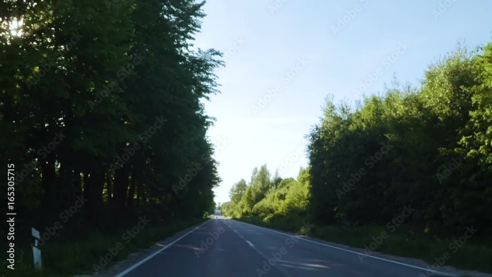 Travel around Europe by car. Mounted camera, back view. Camera view of driving on a long straight tarmac road towards sun in Europe. Trees on roadside of a two-lane road. Glare of sun when driving. Travel around Europe by car. Mounted camera, back view. Camera view of driving on a long straight tarmac road towards sun in Europe. Trees on roadside of a two-lane road. Glare of sun when driving.