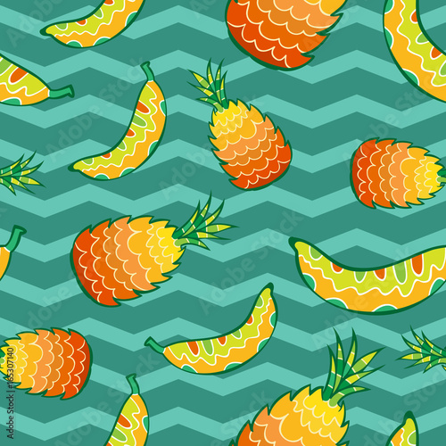Seamless pattern with decorative ornate pineapple and banana at chevron pattern.