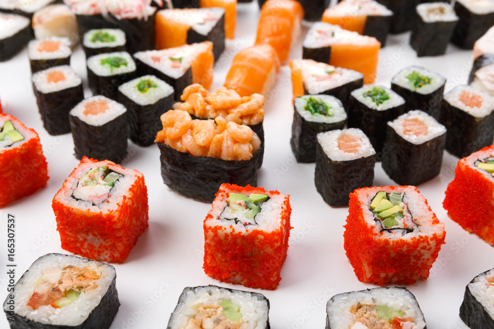 Set of sushi, maki and rolls closeup Set of sushi, maki and rolls closeup