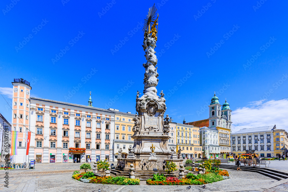Linz, Austria. Holy Trinity column on the Main Square (Hauptplatz).
