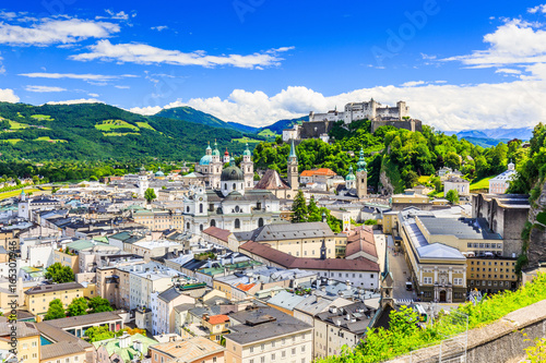 Salzburg, Austria. Old town with Festung Hohensalzburg fortress and Salzburger Dom.